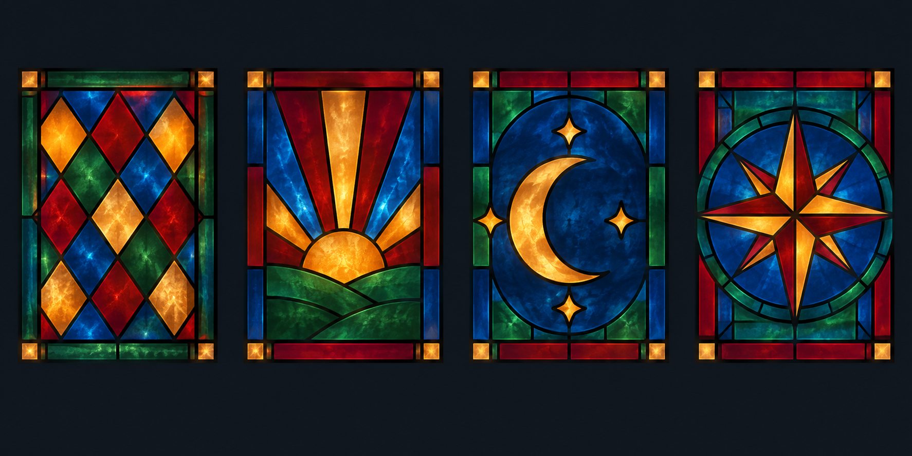 Grid of stained glass pattern motifs in jewel-toned colors on dark backgrounds